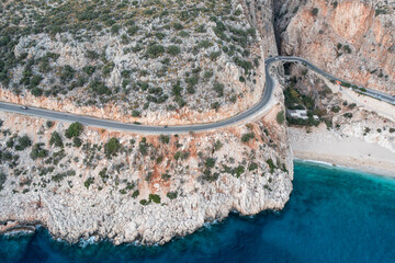 aerial top view The road around Kaputas beach on the high mountain winds along the beach and various viewpoints. The road is steep and sharp.good view on the road. relax in beautiful nature.