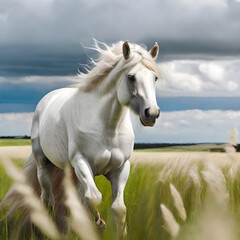 Obraz na płótnie Canvas white horse with long hair running in zoom in a large grass field view, cloudy sky, colorful nature 