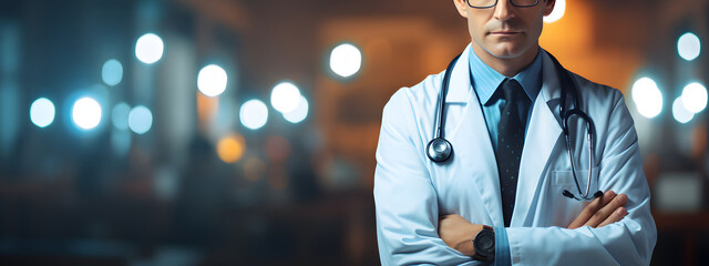 Doctor Man With Stethoscope In Hospital - obrazy, fototapety, plakaty