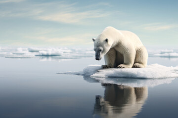 A sad polar bear sitting on a small ice floe depicting the concept of global warming