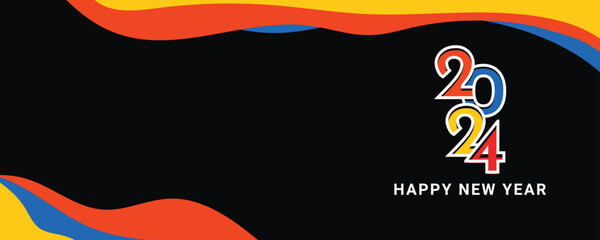Obraz premium Happy New Year 2024 banner design. Greeting card colorful design black background Happy New Year 2024