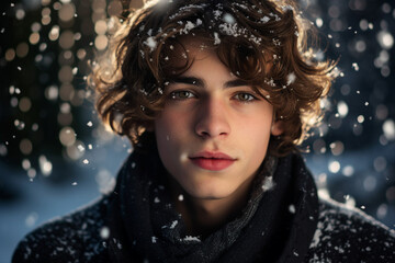 Generative AI portrait of beautiful young man having walk snowy day Christmas apmosphere lights