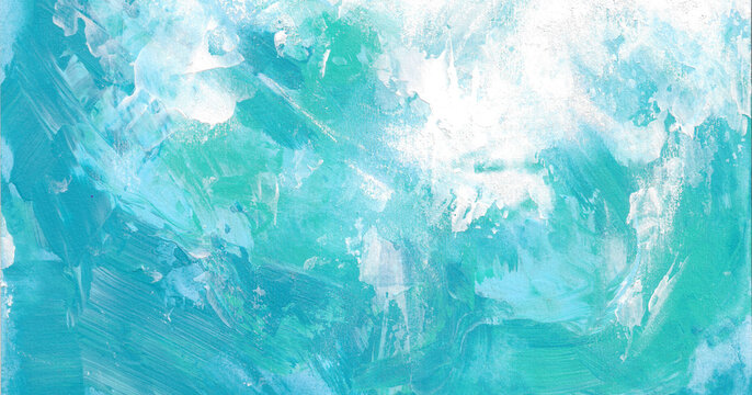 Biało turkusowe tło , farba nanoszona szpachlą, pędzlem