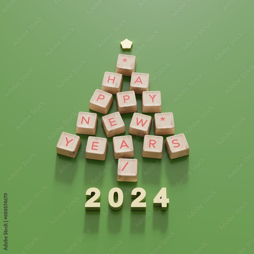Poster christmas tree symbol made by wooden computer keys cap on white background. minimal happy new years 