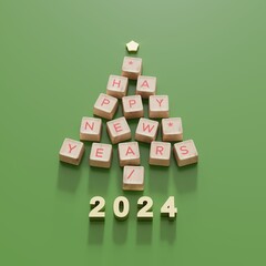 Christmas Tree Symbol made by wooden Computer keys cap on white background. Minimal Happy new years idea concept flat lay. 3D Rendering - 680574679