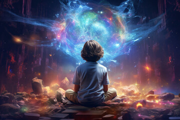 A child looking at a colorful ball of light, depicting the concept of imagination