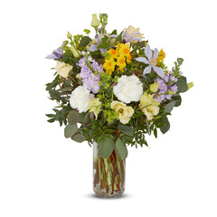 Fresh Bouquet of flowers in a glass vase cut out isolated transparent background