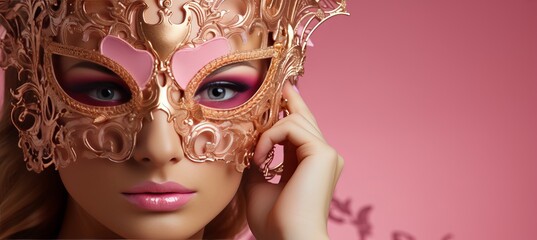 Seductive young woman in carnival mask on colorful background, with copy space for text.