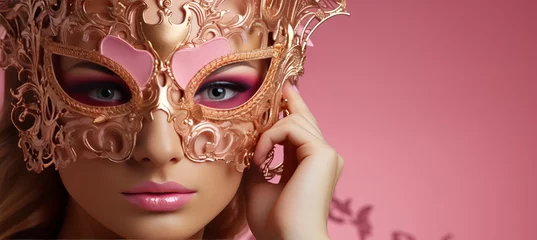 Seductive young woman in carnival mask on colorful background, with copy space for text.