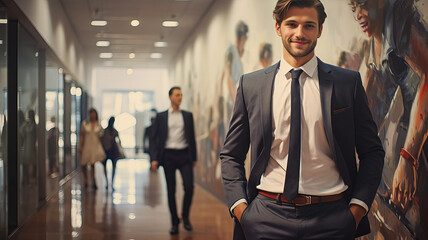 young businessman standing indoors and smiling in to the camera