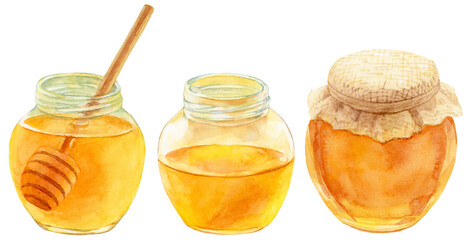 はちみつ入りの瓶　水彩画　素材集　ハニーディッパー