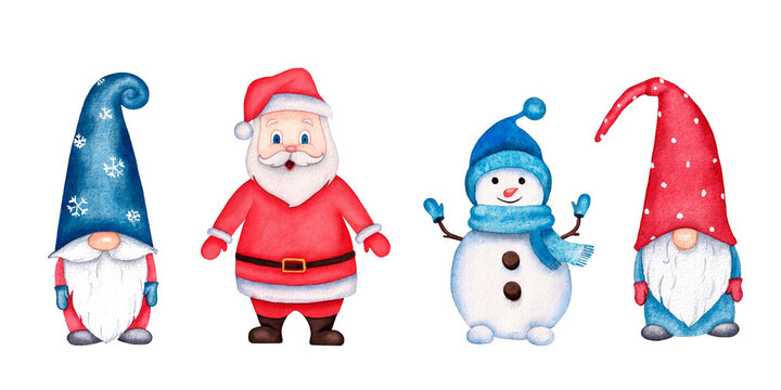 Set of watercolor cute characters isolated on white. Gnomes, snowman and Santa Claus. Hand drawn illustration.