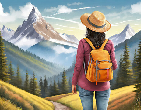 Woman traveler with backpack holding hat and looking at amazing mountains on digital art concept, Generative AI.