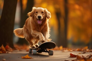 A dog rides a skateboard in autumn park. Golden Retriever is having fun, an active athletic agile...