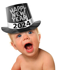 2024 Happy New Year Baby. Excited toddler boy wearing a New Year top hat.   - 680576405