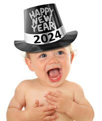 Happy new year baby 2024. Smiling toddler boy wearing top hat for New Year's eve. 