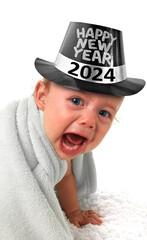 2024 Crying baby wearing a happy New Year top hat. Sad toddler boy on New Years Eve.  - 680576417