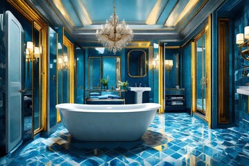 a bathroom , of a luxury hotel, with blue and yellow  background