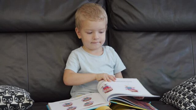 toddler child little boy looking at pictures in children book sitting on sofa at home