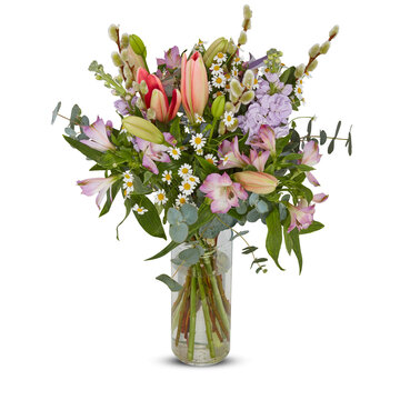 Fresh Bouquet of flowers in a glass vase cut out isolated transparent background