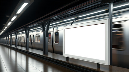 Subway platform with reflective flooring and a blank billboard beside a moving train. Evening rush hour scene. Generative AI