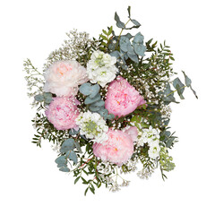 Fresh Bouquet of flowers, top view cut out isolated transparent background