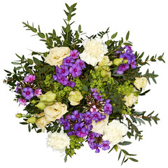 Fresh Bouquet of flowers, top view cut out isolated transparent background