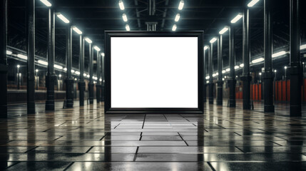 Monochromatic subway platform with a solitary blank billboard, urban advertising. Generative AI