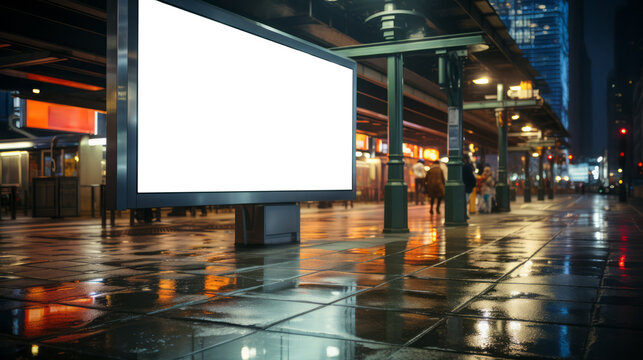 Outdoor advertising billboard at a rainy city night transit stop. Reflections on wet pavement. Generative AI