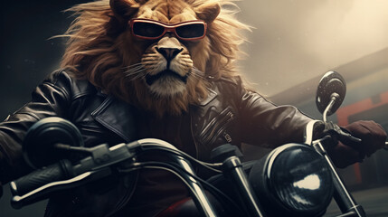 Cool lion on a motorcycle wearing sunglasses. - obrazy, fototapety, plakaty