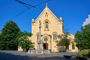 Church of St. Stephan of Hungary in central Bratislava on a sunny day with bright blue skies.