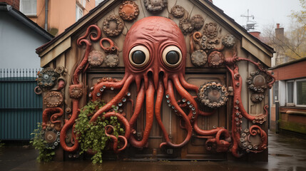 Giant octopus mural enveloping a small building.