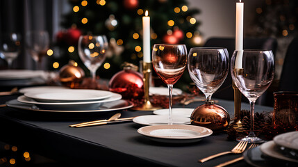 Table set for the Christmas holidays, modern decor, no people, candles on the table, Christmas tree...
