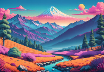 A stunning landscape designed in the Riso style featuring vibrant colors and abstract background ai generated