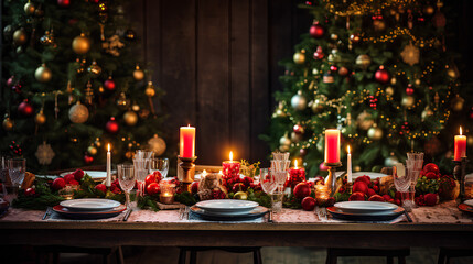 Table set for the Christmas holidays, no people, candles on the table, Christmas tree in the...