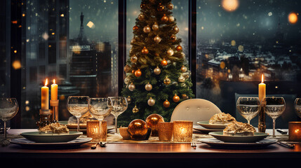 Table set for the Christmas holidays, modern decor, no people, candles on the table, Christmas tree in the background