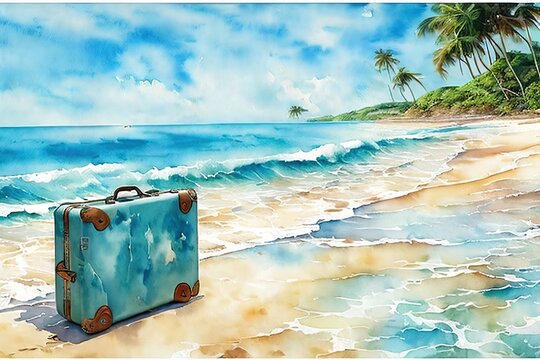 Illustration of the suitcase on the beach in watercolor technique.