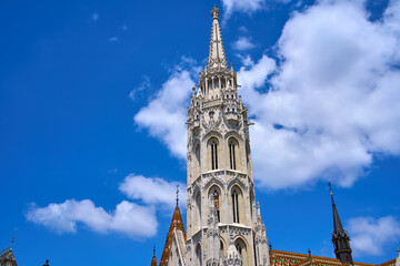 Close ups of the main tower of the 13th-century church Matthias Church in Budapest, Hungary.