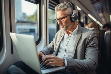 Business man working in train with a laptop, going to work, generative AI. - 680578076