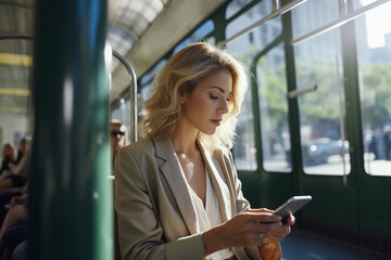 Business woman travelling to work meeting, using mobile phone, generative AI. - 680578090
