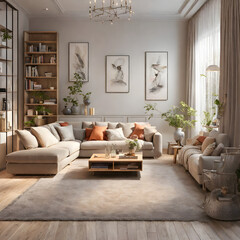 romantic style big apartment veranda sofa, picture frame, air purifier, and bookshelf Generative AI
