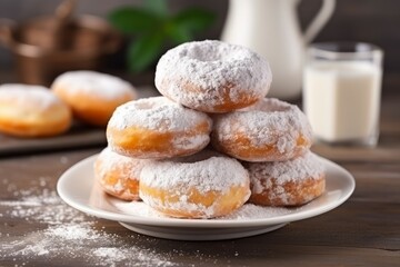 Obraz na płótnie Canvas Tasty powdered sugar donuts on table