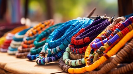 oriental multi-colored jewelry and jewelry laid out for sale on the counter.