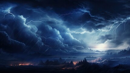 A stormy sky with dark, swirling clouds and flashes of lightning, symbolizing a tumultuous emotional state. The landscape below is rugged and chaotic, mirroring the intensity of the storm above. - obrazy, fototapety, plakaty