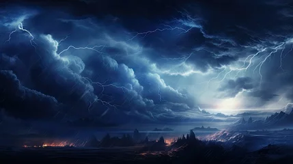 Deurstickers A stormy sky with dark, swirling clouds and flashes of lightning, symbolizing a tumultuous emotional state. The landscape below is rugged and chaotic, mirroring the intensity of the storm above. © The_AI_Revolution