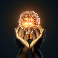 Glühbirne mit Gehirn gehalten in Händen- Design für Ideen, Studium, Lernen, Fortbildung, Weiterbildung - obrazy, fototapety, plakaty