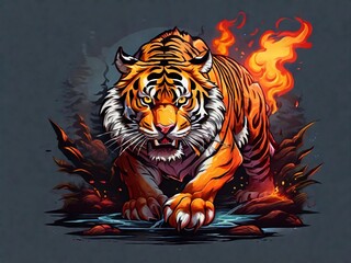 a tiger with fire effect, highly detailed, t-shirt design