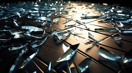 A shattered glass on a hard floor, representing a moment of explosive anger. The glass pieces are scattered, with sharp edges and reflections that catch the light. - obrazy, fototapety, plakaty
