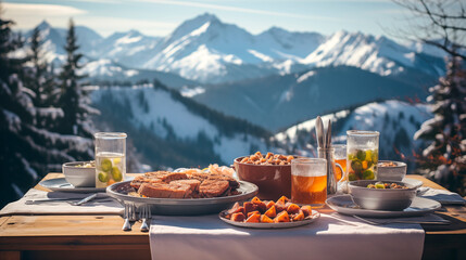 Fototapeta premium on the table there is food from a restaurant with a view of the snow-capped mountains for people who were involved in skiing