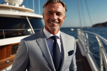 a rich, handsome adult serious man. A successful and elegant businessman standing on a luxury yacht on a summer day at sea. The concept of wealth and success